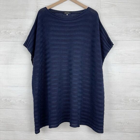 Eskandar Kaftan Poncho OS Linen Lagenlook Sweater Tunic Top Handloomed Knit Blue - Picture 1 of 11